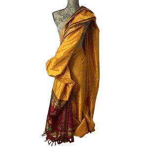 Vintage Silk Indian Sari Mustard Burgundy Temple Border Embroidered Pallu Decor